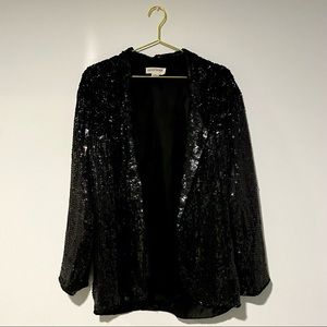 Vintage 80s Glam Black Sequin Silk Blazer Jacket Beaded Fringe